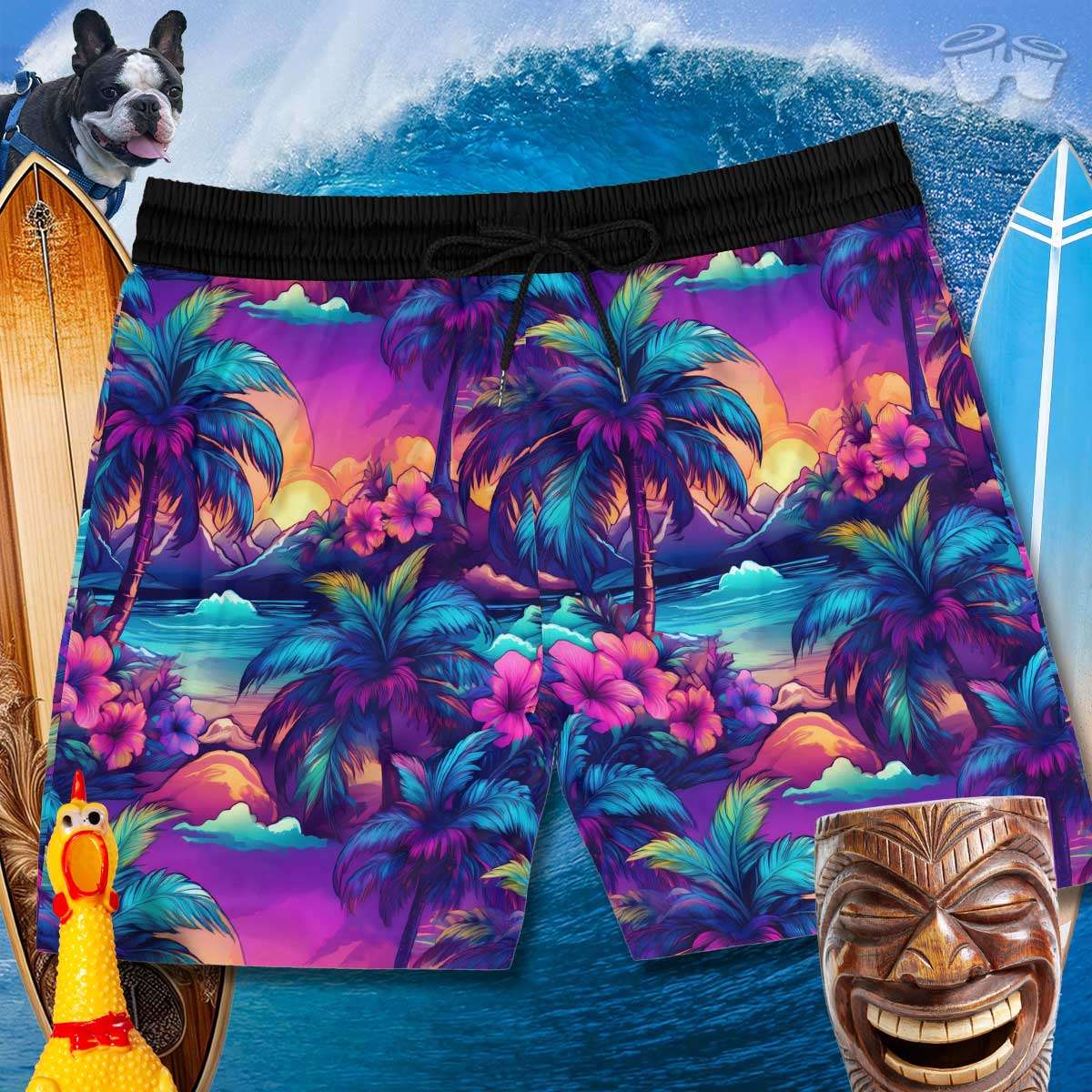 Men's Hawaiian Luau style swim trunks hover over a crashing wave along with a laughing tiki pole, one rubber chicken and Tater The SurfDog in the upper left hand corner. 