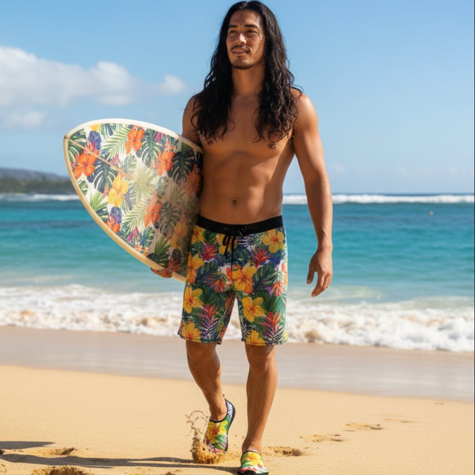 A surfer wearing slip-on water shoes with a tropical floral print, walk with his surfboard on Waikiki Beach