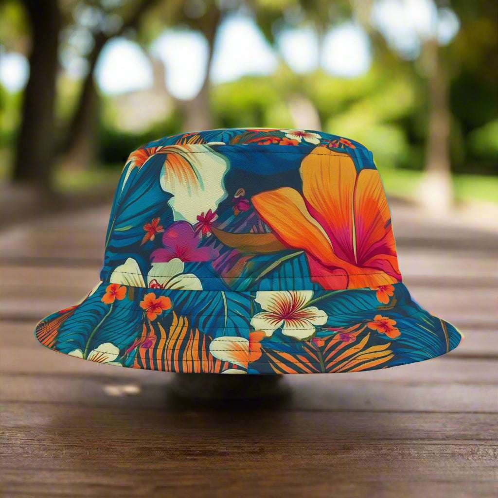 Hawaiian Print Bucket sitting on a rustic wood park table in a park in Waikiki