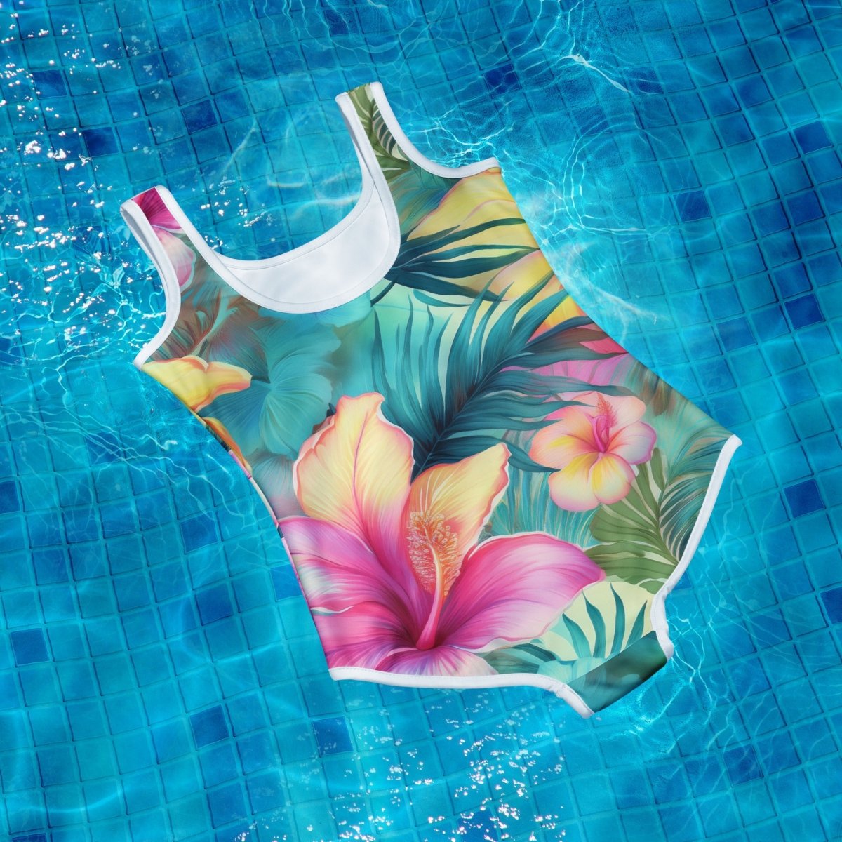 Colorful swimsuit with floral design floating in a pool