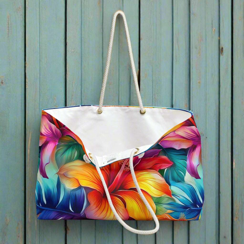 Weekender Tote Bag hanging from a peg on a nautical wall
