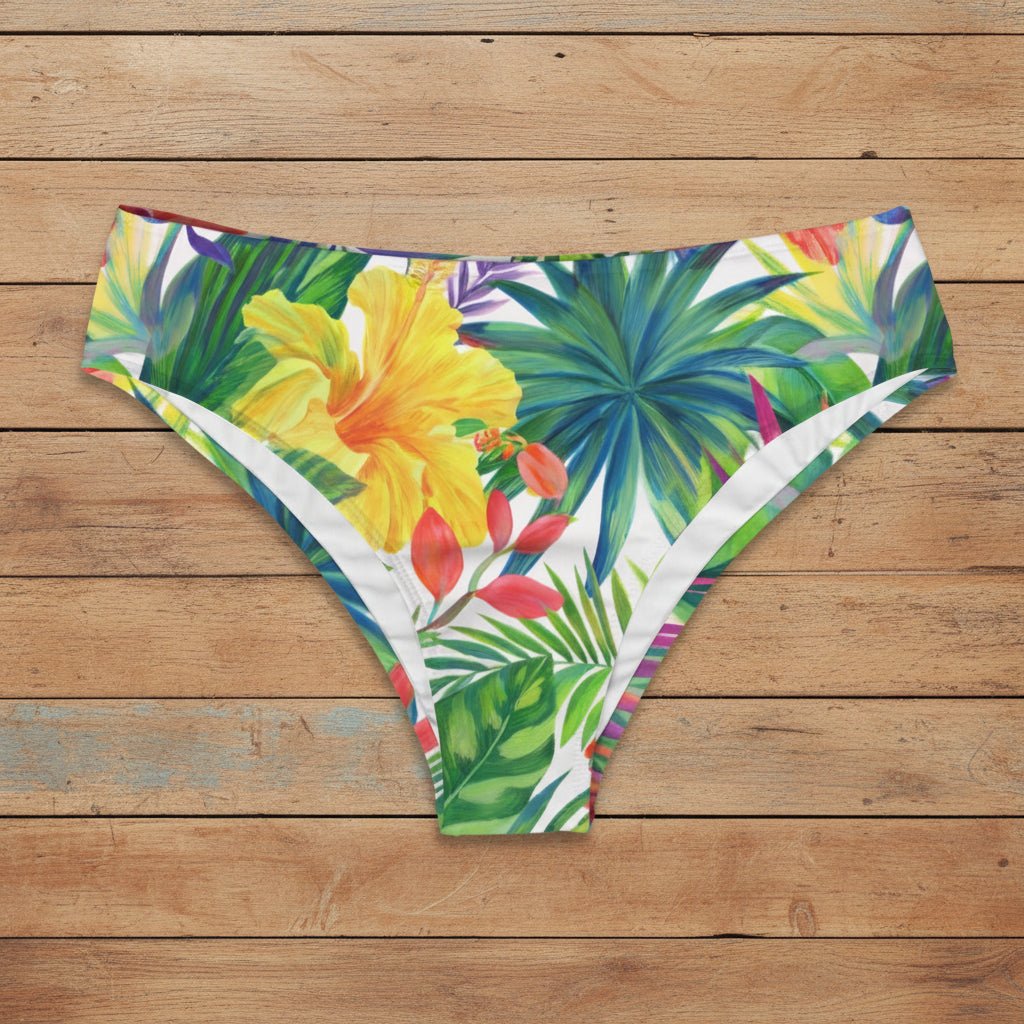 Colorful tropical floral bikini bottom on a white background