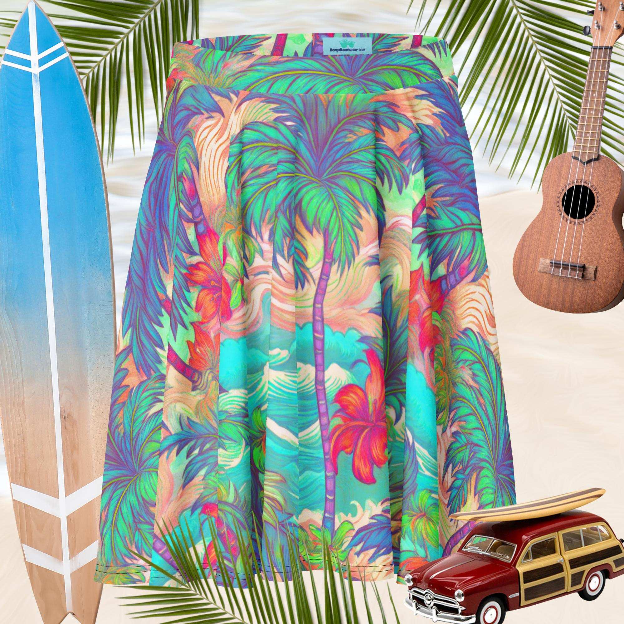 Colorful tropical patterned pants with a surfboard, ukulele, and vintage car in the background.