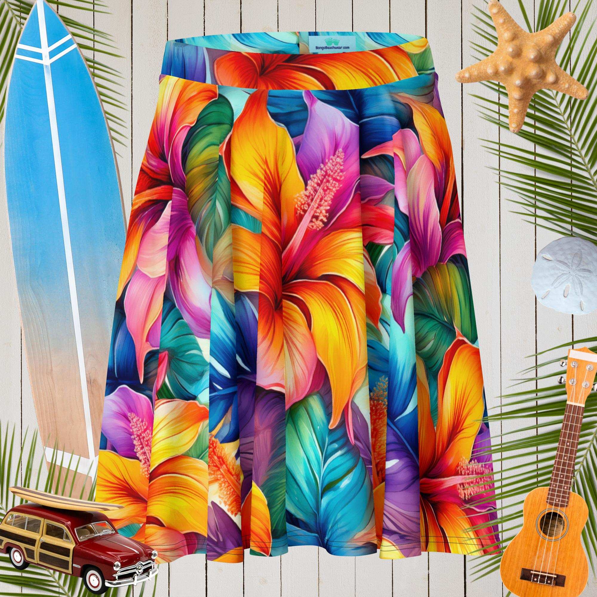Surf Skirt with Hawaiian style pattern from Bongo Beachwear haing in midair over a rustic wood wall and a surfboard