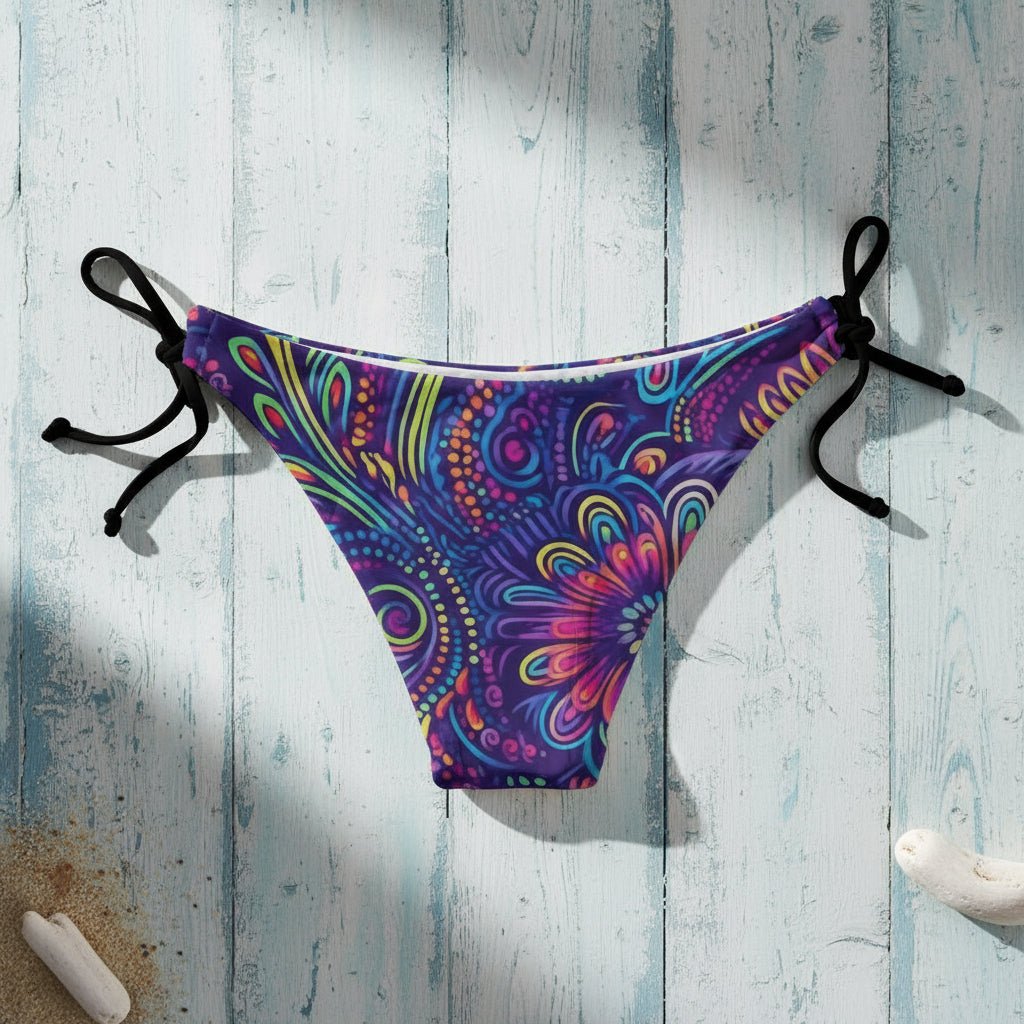 Colorful patterned bikini bottom on a faded wood background