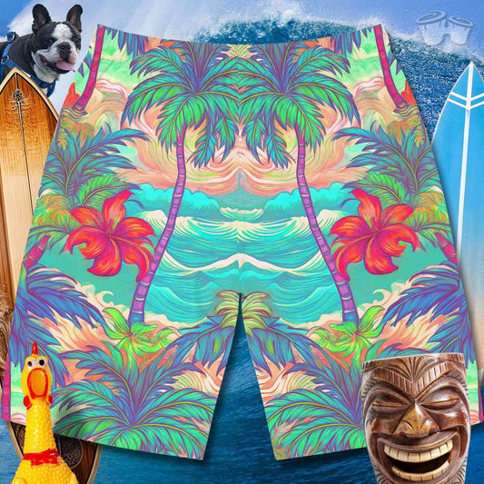 Back of vintage style hawaiian shorts on surfboards and wave background with laughing tiki in foreground