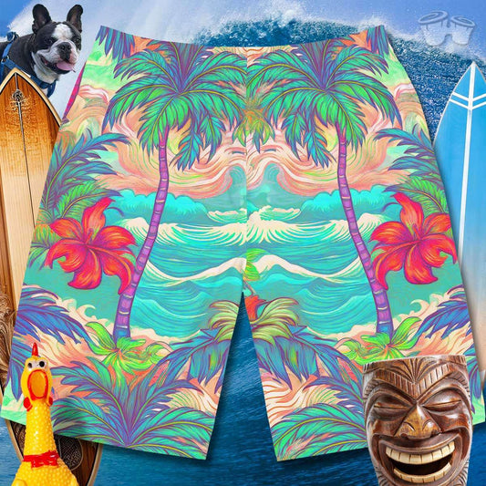 Vintage Style Hawaiian shorts for men over a surfy background