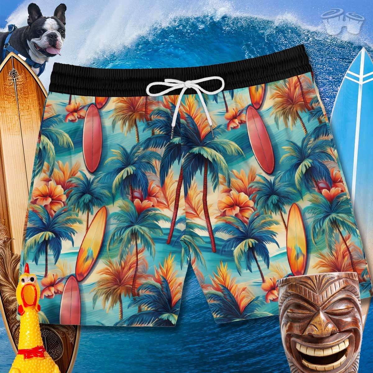 Hawaiian style board short swimsuit with white drawstring