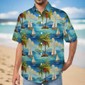 Surfer Dude wearing a colorful Hawaiian shirt with cool tropical island design featuring palm trees and sailboats, standing on a beach in Maui