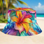 Colorful bucket hat with tropical Hawaiian floral design on a sandy beach 