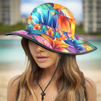 Colorful floral Hawaiian Style bucket hat worn by a swimwear model on Waikiki Beach