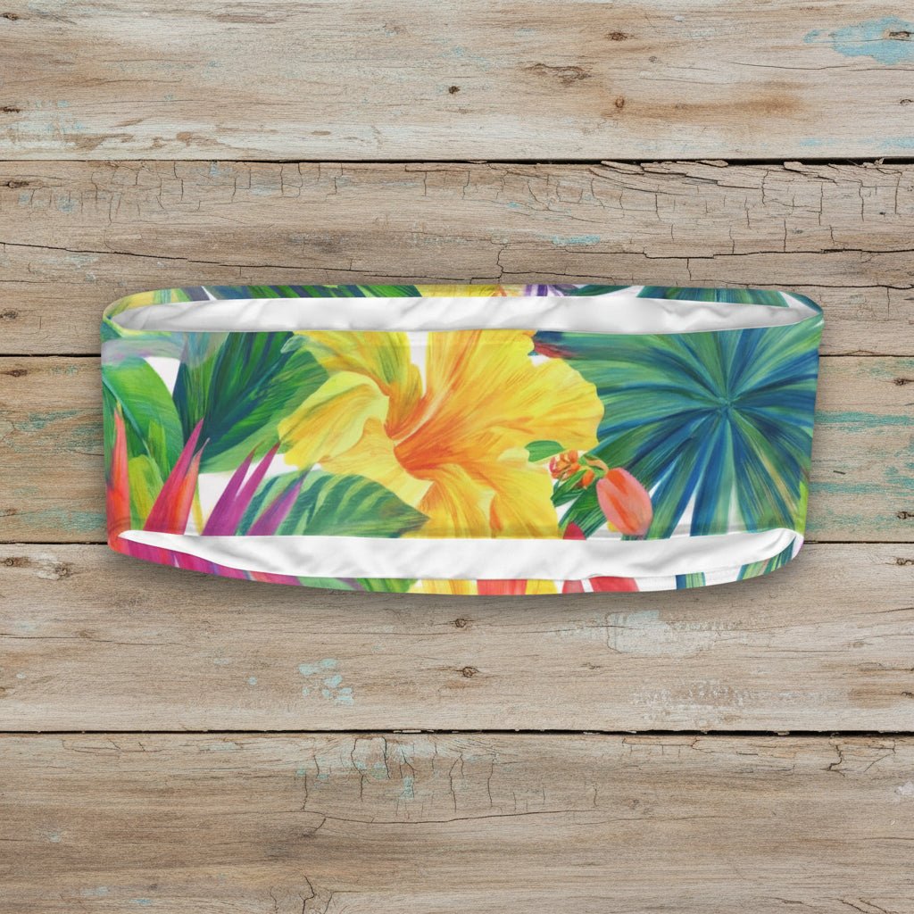 Headband with tropical floral design on a white background
