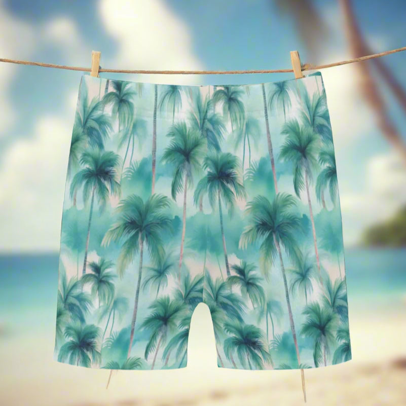 Shorts with palm tree pattern hanging on a line in a tropical beach paradise