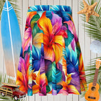 back of Hawaiian style circle skirt over a nautical wood backdrop, a surfboard, a starfish, and a Ukulele