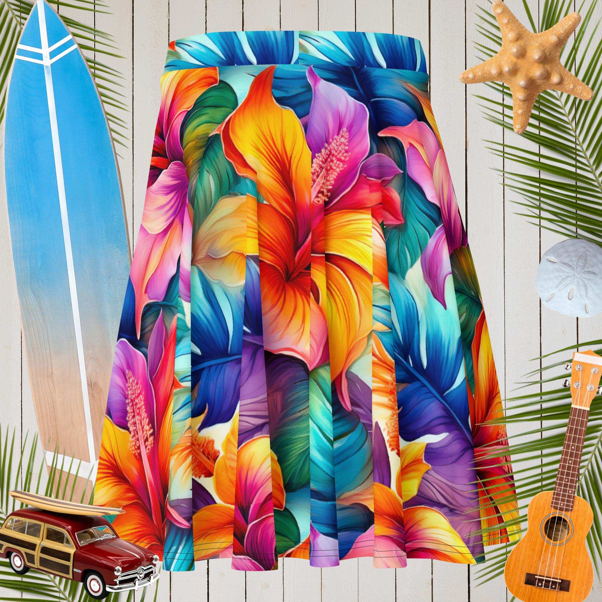 back of Hawaiian style circle skirt over a nautical wood backdrop, a surfboard, a starfish, and a Ukulele