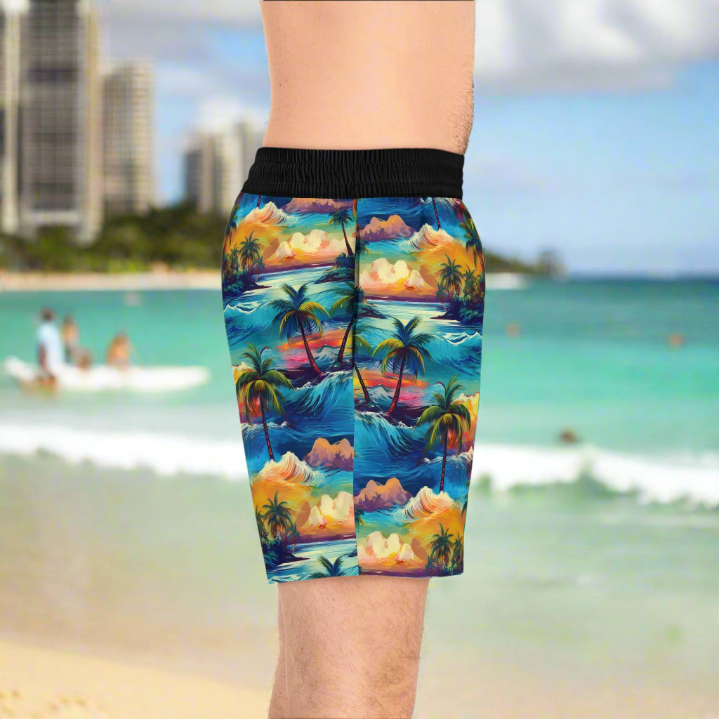 Side view of Hawaiian style board shorts by Bongo Beachwear as worn by surfer on Waikiki Beach
