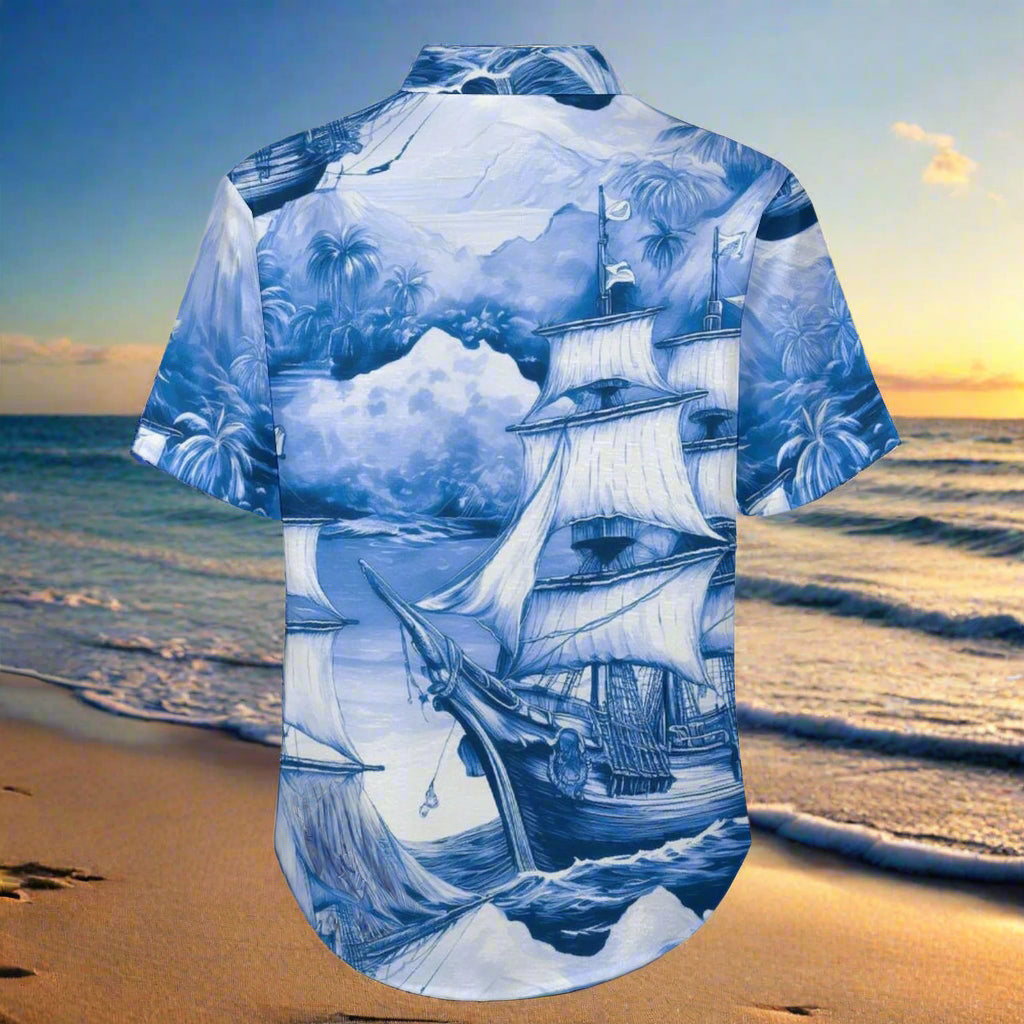 Shirt with a blue and white ship design on a beach background