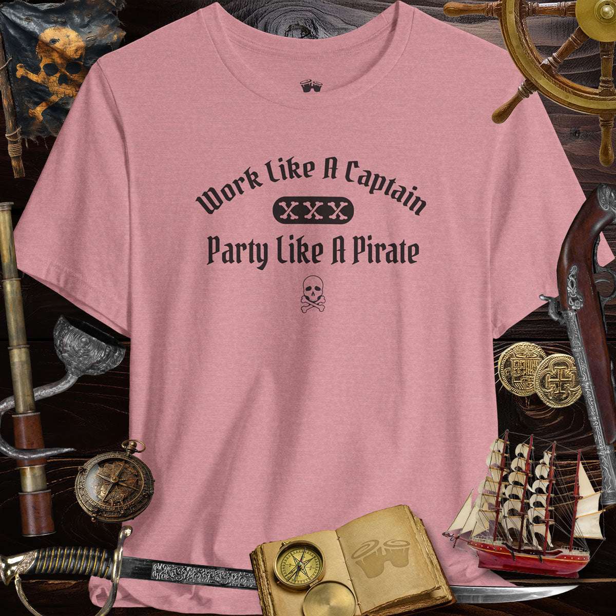 Pirate Party 3001c Bella Canvas T-Shirt with 'Work Like A Captain, Party Like A Pirate' slogan.