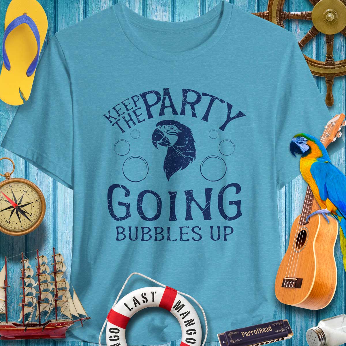 Keep the Party Going ParrotHead T-Shirt in fun blue, perfect for music festivals and tropical gatherings.