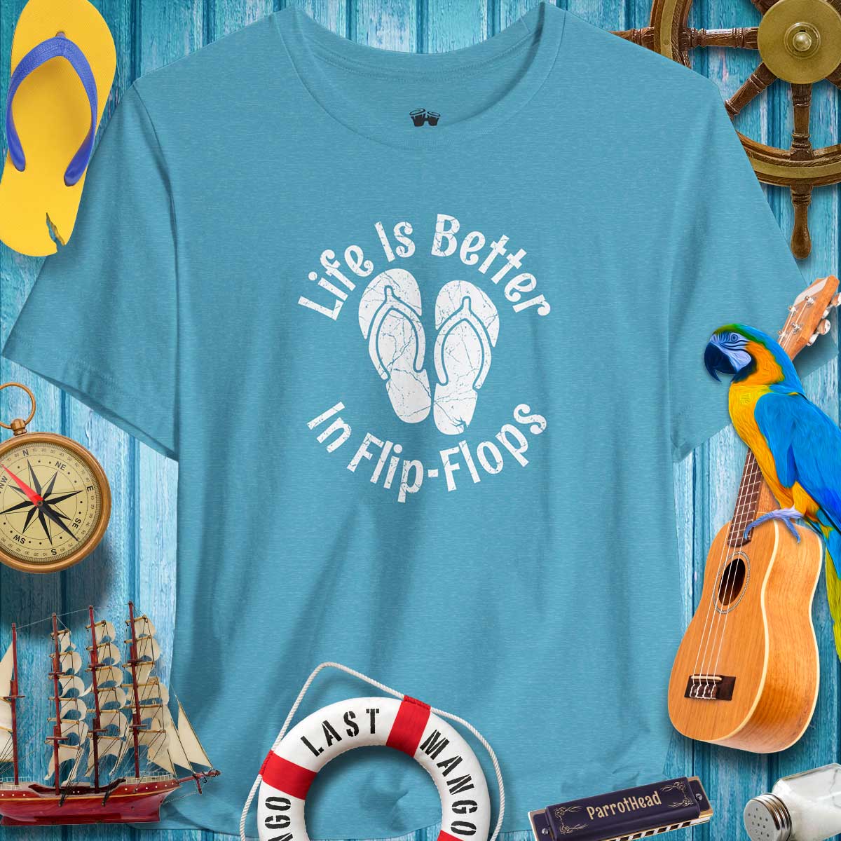 Life Is Better In Flip-Flops summer t-shirt for beach lovers, featuring a relaxed vibe and ParrotHead theme.