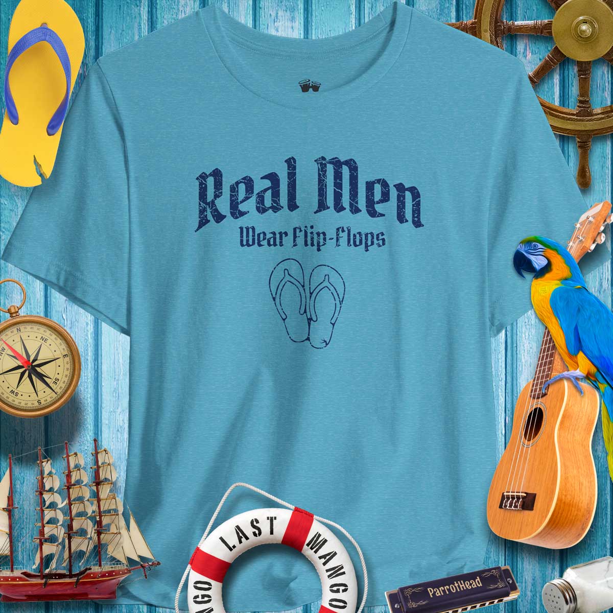 Real Men Wear Flip-Flops Bella Canvas T-Shirt for ParrotHeads, perfect for summer vibes and casual outings.