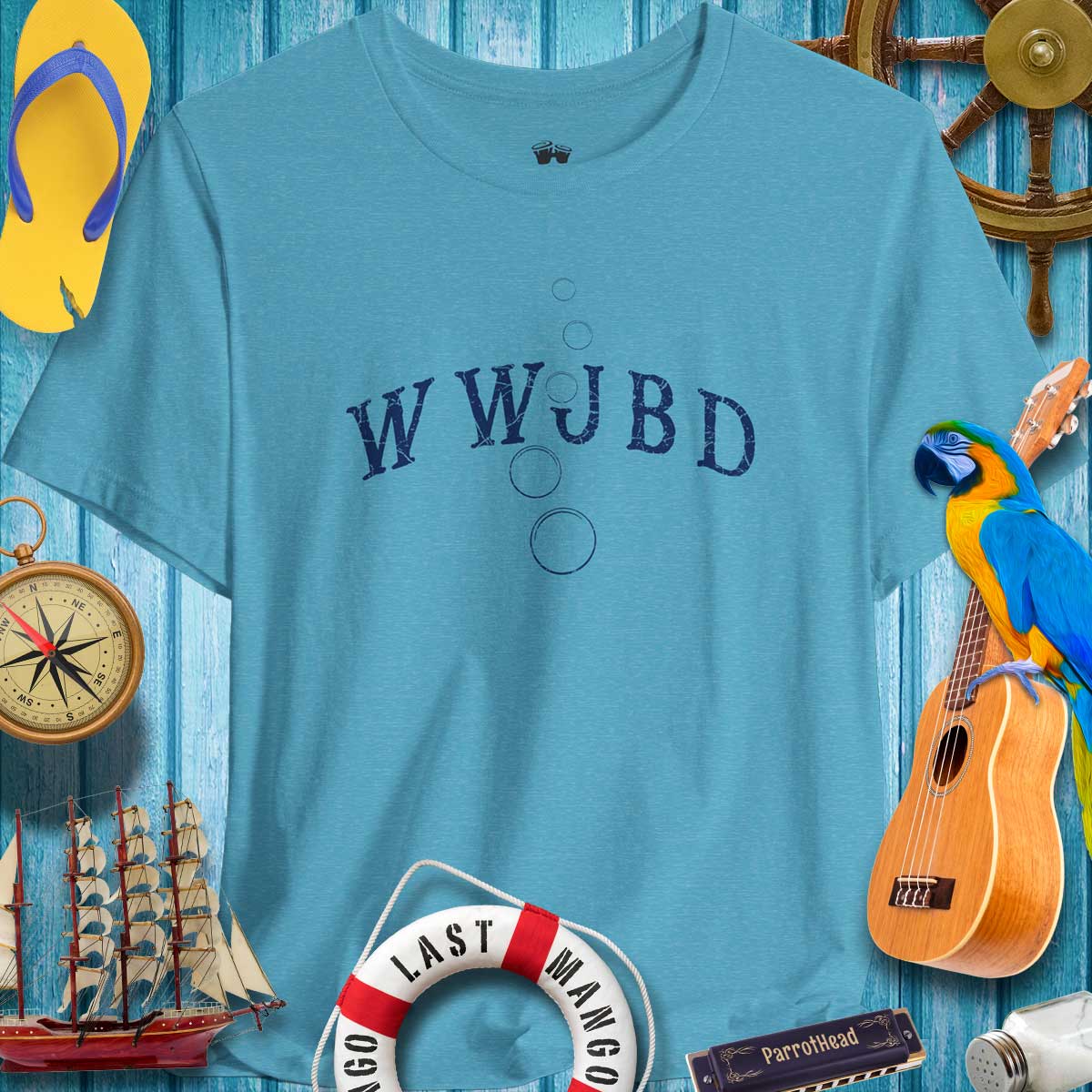 Teal Bella Canvas t-shirt prominently displayed on a rustic nautical background, The t-shirt is surrounded by ParrotHead Items