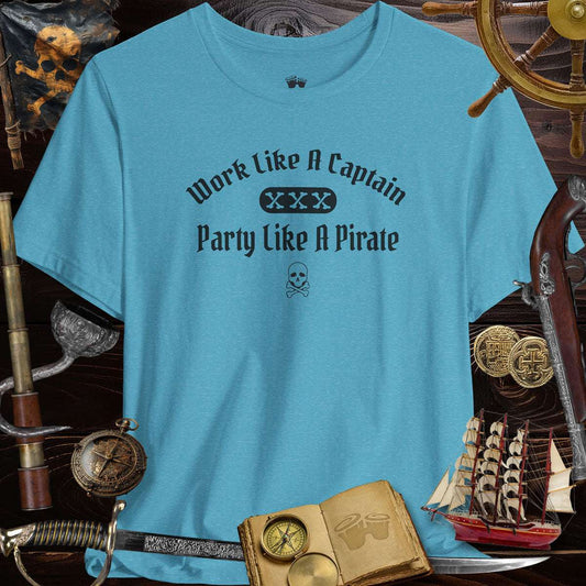 Pirate Party 3001c Bella Canvas T-Shirt with 'Work Like A Captain, Party Like A Pirate' slogan on blue fabric.