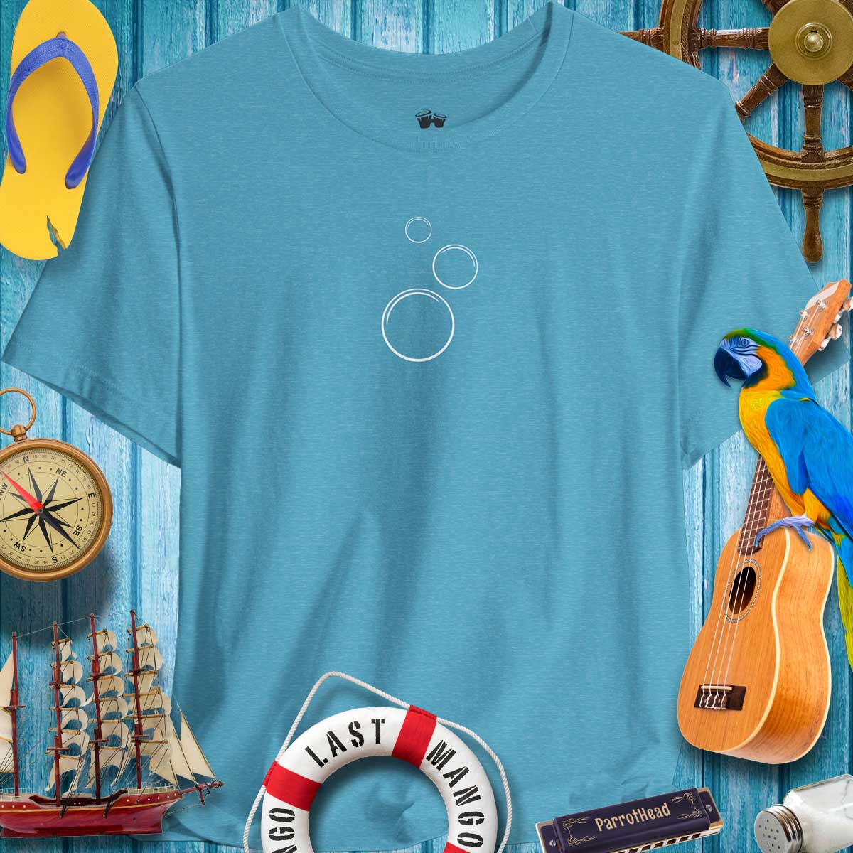 Bubbles Up T-Shirt for ParrotHeads in vibrant blue, perfect for beach outings and concerts.