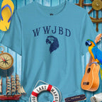 WWJBD ParrotHead T-Shirt with beach-themed accessories, perfect for ParrotHeads and summer vibes.