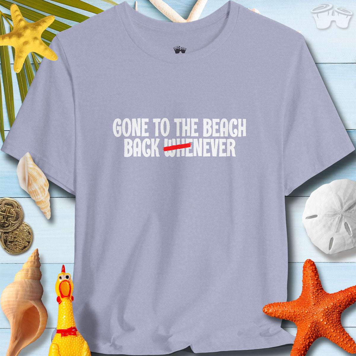 Light blue unisex tee with "Gone to the Beach, Back Whenever" text, ideal for casual summer vibes and beach outings.