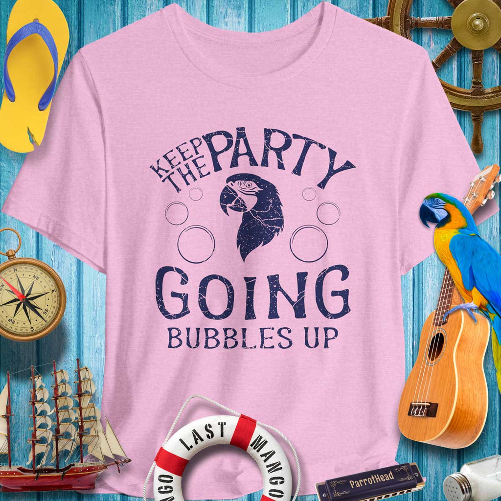 Keep The Party Going ParrotHead T-Shirt in pink with tropical theme, perfect for festive gatherings and music festivals.