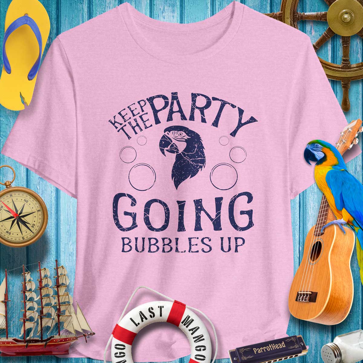 Keep The Party Going ParrotHead T-Shirt in pink with tropical theme, perfect for festive gatherings and music festivals.