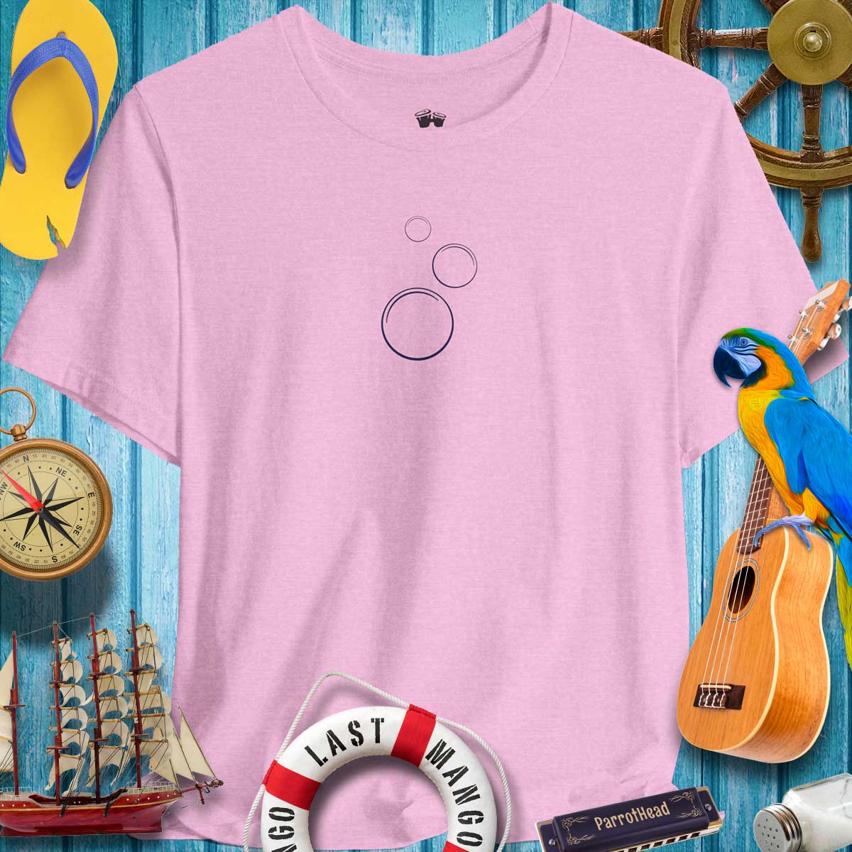 Bubbles Up T-Shirt for ParrotHeads, pink with bubble design, perfect for casual outings and island vibes.