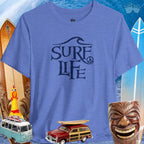 Surfer Life Tee in blue, featuring surf graphics and beach-themed decor, perfect for ocean lovers and casual wear.