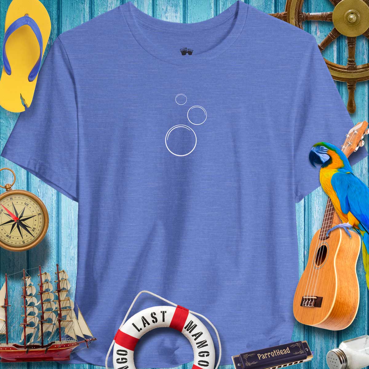 Bubbles Up T-Shirt for ParrotHeads, featuring vibrant design and playful bubbles, perfect for beach days and music festivals.