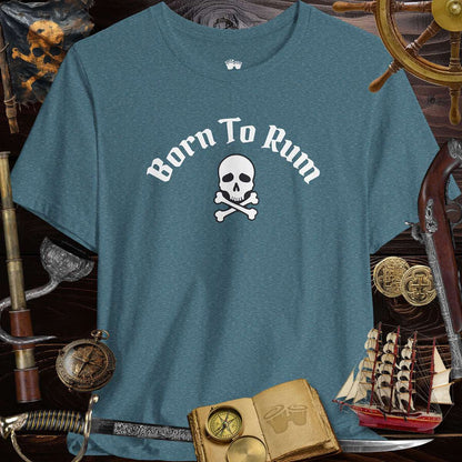 Born to Rum Jolly Roger Pirate Skull design on a casual Bella Canvas T-Shirt surrounded by pirate-themed props.