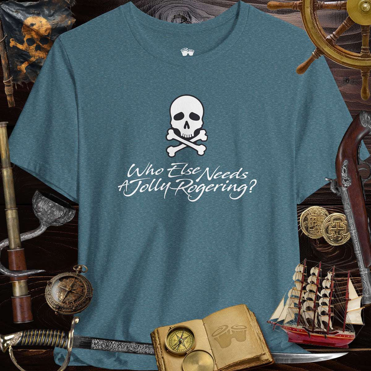 Funny Pirate Tee featuring a skull and crossbones design, perfect for pirate-themed fun and adventures.