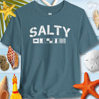 Salty Coastal Vibes Bella Canvas T-Shirt with nautical flags on a beach-themed background.