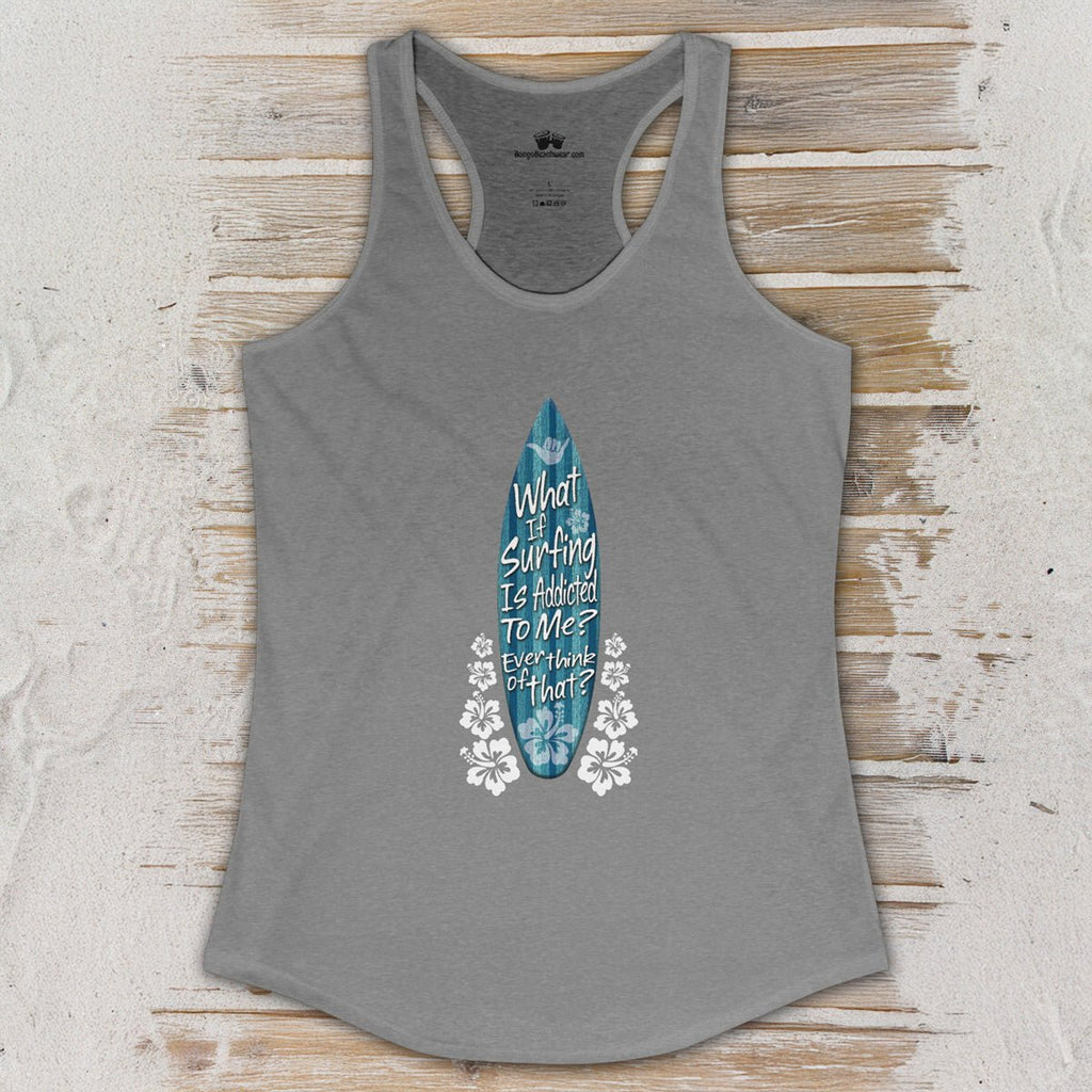Gray tank top with a graphic design on a wooden surface