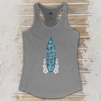 Gray tank top with a graphic design on a wooden surface