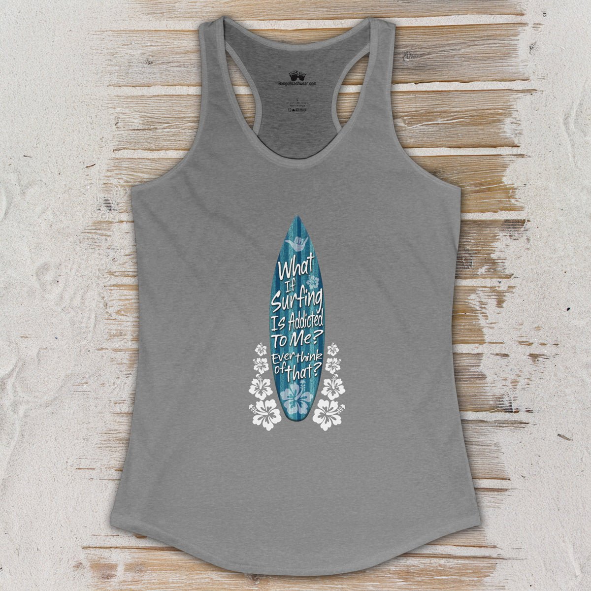 Gray tank top with a graphic design on a wooden surface