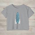 Heather Grey Crop top t-shirt with surf humor graphic. text on nautical wood