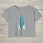 Heather Grey Crop top t-shirt with surf humor graphic. text on nautical wood