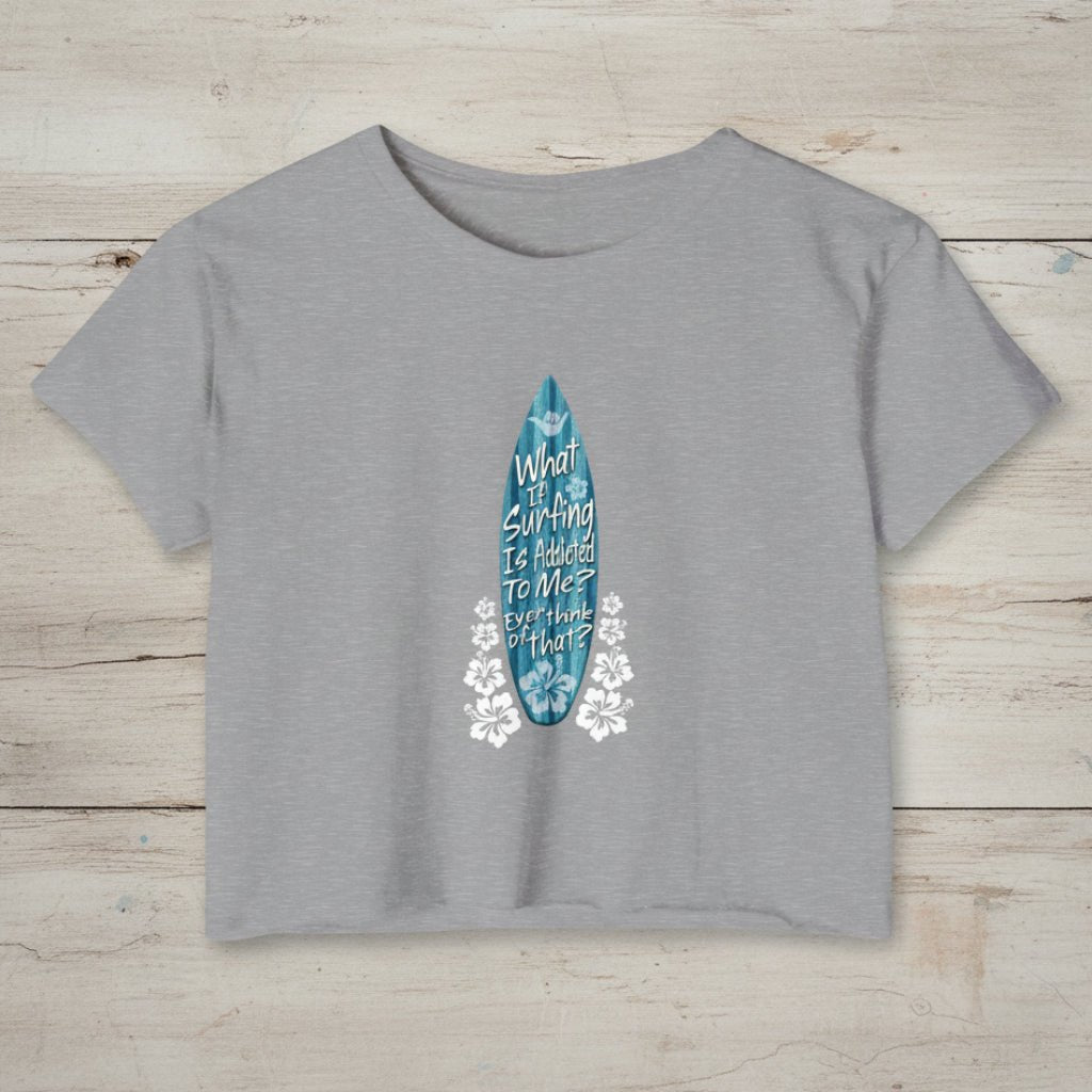 Heather Grey Crop top t-shirt with surf humor graphic. text on nautical wood