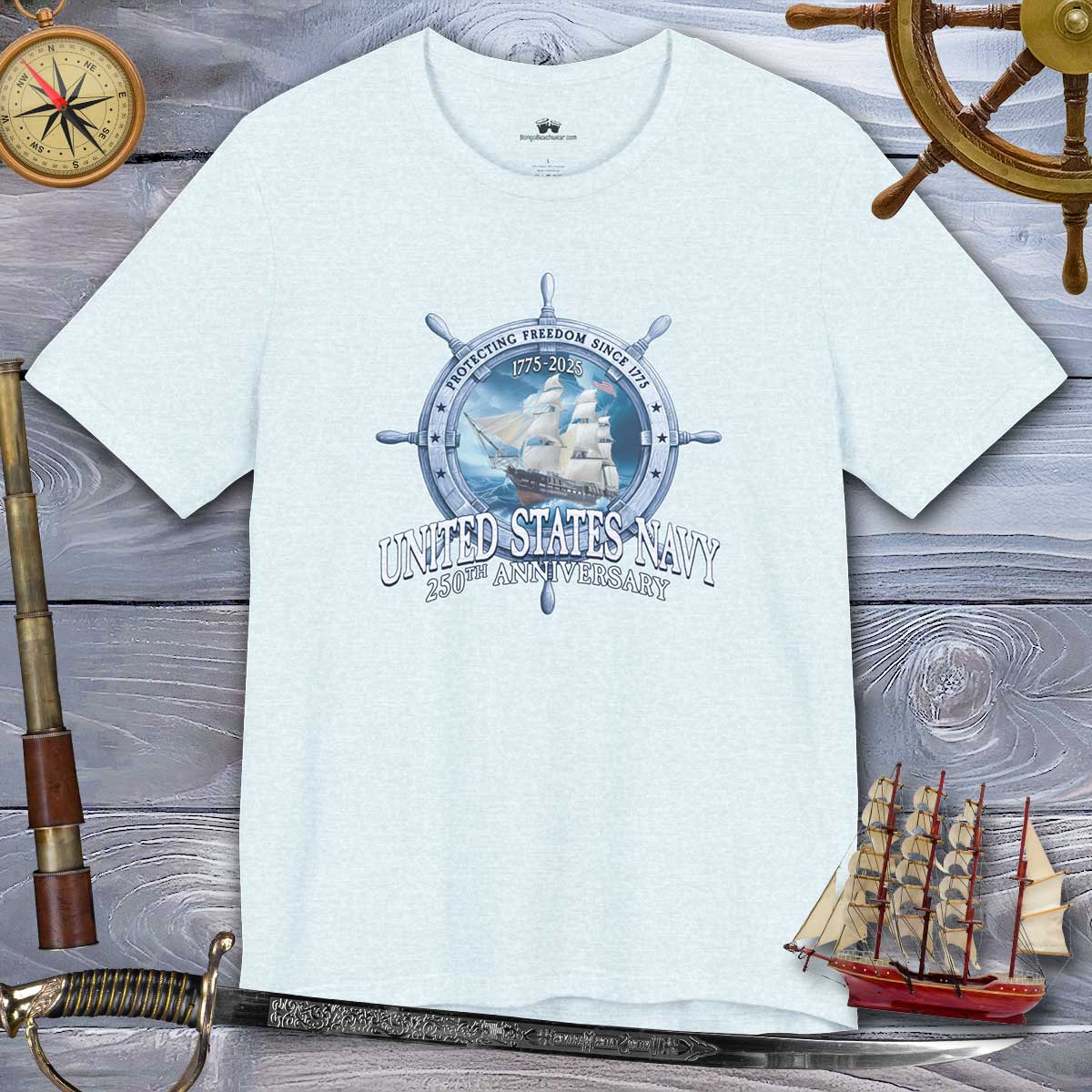 White t-shirt with United States Navy design on a wooden background with nautical items.