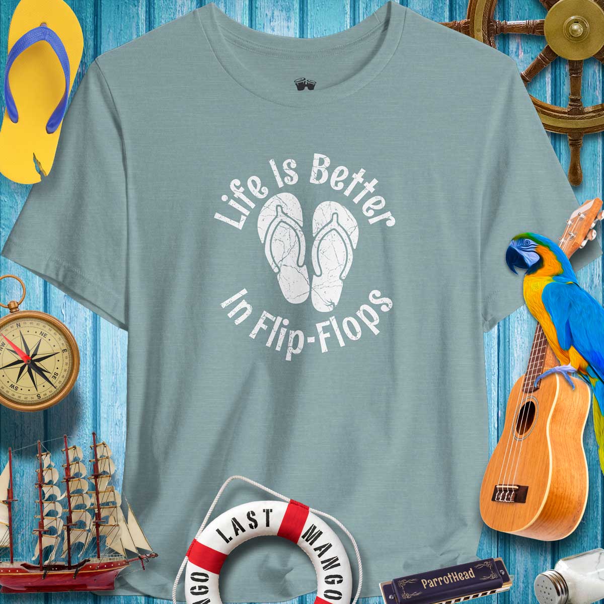 Life Is Better In Flip-Flops summer t-shirt for beach lovers, featuring a relaxed vibe with parrot and nautical decor.