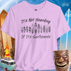 Funny Surfboard Lover Unisex Tee in lavender with surfboard graphics and text 'It's Not Hoarding If It's Surfboards'.