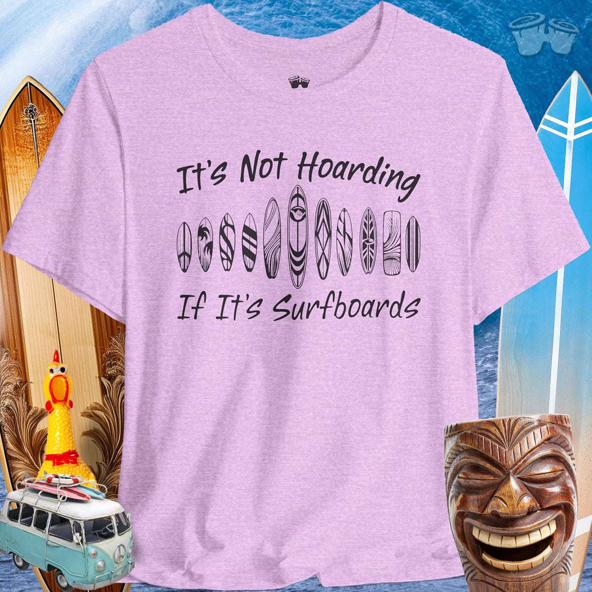 Funny Surfboard Lover Unisex Tee in lavender with surfboard graphics and text 'It's Not Hoarding If It's Surfboards'.