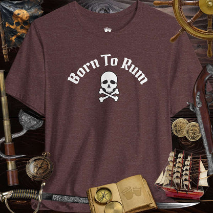 Born to Rum Jolly Roger Pirate Skull casual Bella Canvas T-Shirt with pirate-themed elements and accessories.