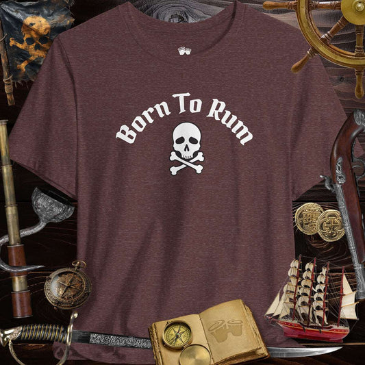 Born to Rum Jolly Roger Pirate Skull casual Bella Canvas T-Shirt with pirate-themed elements and accessories.